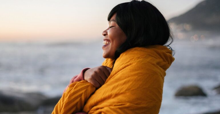 woman joy smile happy orange