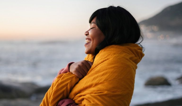 woman joy smile happy orange