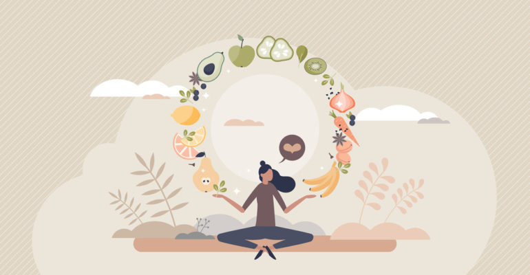 Mindful eating and daily diet with harmony and balance tiny person concept