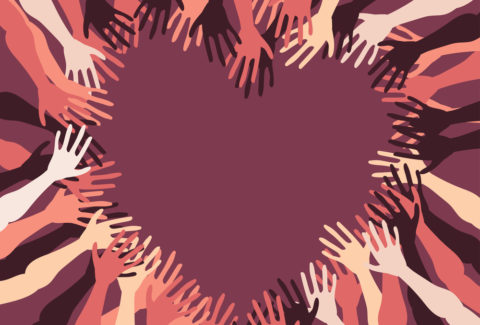 Human hands with different skin color together. Group, unity, race equality, tolerance concept art in minimal flat style. Vector illustration card.