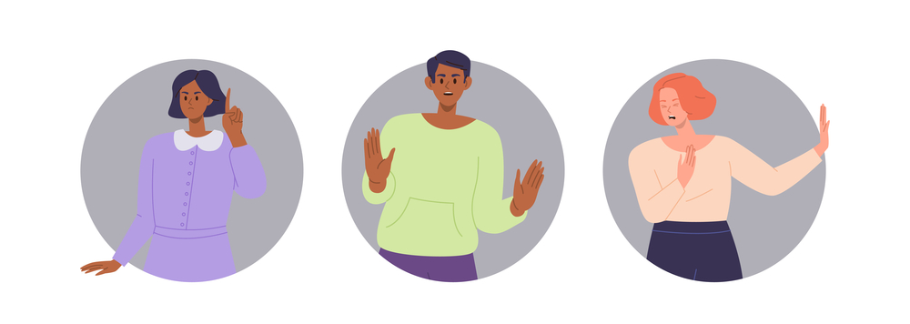 Round composition of people feeling negative emotion trying to protect their rights and opinion