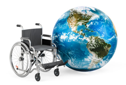 Wheelchair with Earth Globe, 3D rendering