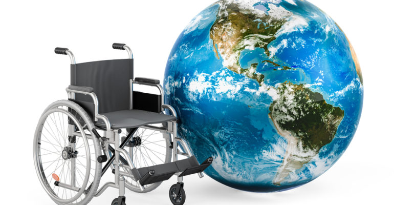 Wheelchair with Earth Globe, 3D rendering