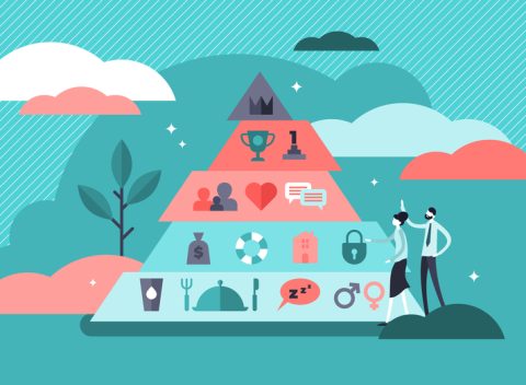 Basic needs vector illustration. Flat tiny Maslows hierarchy person concept