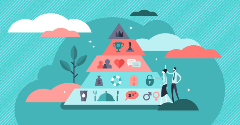 Basic needs vector illustration. Flat tiny Maslows hierarchy person concept
