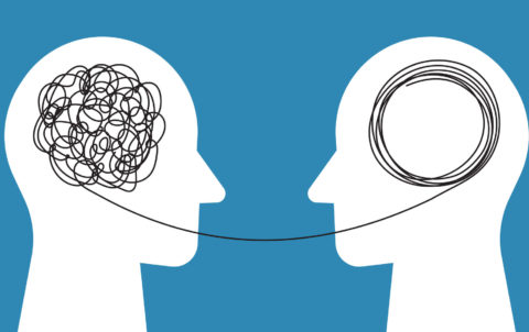 Two human heads silhouette, therapist and patient. Psycho therapy concept.