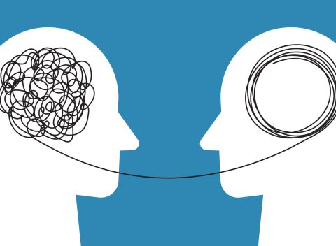 Two human heads silhouette, therapist and patient. Psycho therapy concept.