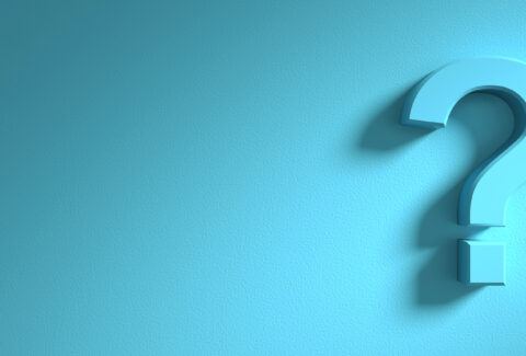 Question mark on blue wall background, banner, copy space. 3d illustration