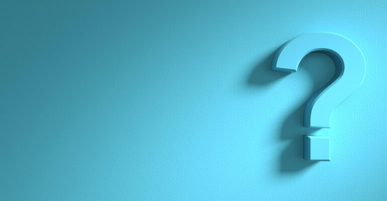 Question mark on blue wall background, banner, copy space. 3d illustration