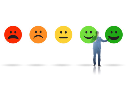 Illustration of customer feedback with faces and businessman