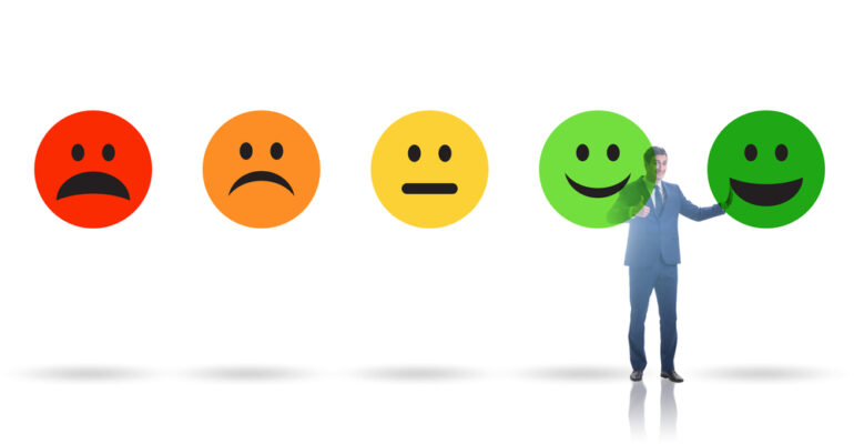 Illustration of customer feedback with faces and businessman