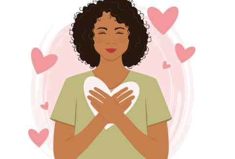 Cute girl with her hands on her heart Self love Vector