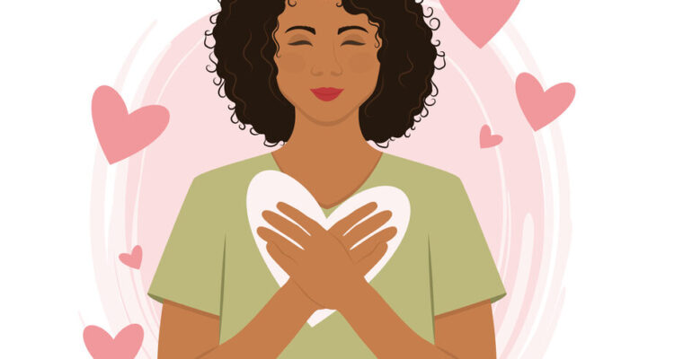 Cute girl with her hands on her heart Self love Vector