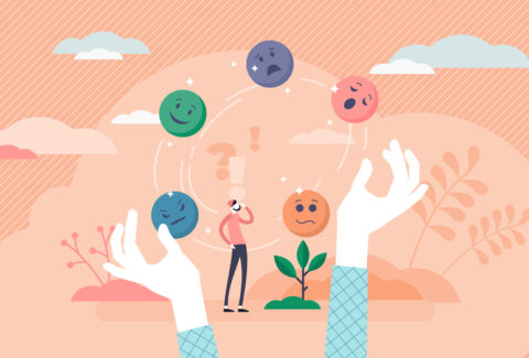 Juggling emotions, flat tiny persons vector illustration