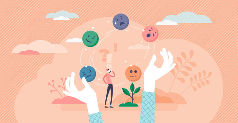 Juggling emotions, flat tiny persons vector illustration