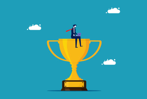 Work trophy concept. Businessman working on trophies. business concept vector