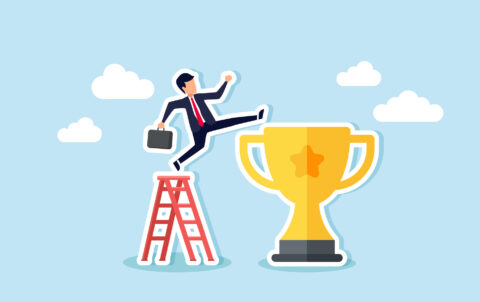 A businessman with a briefcase jumping from a ladder to a trophy