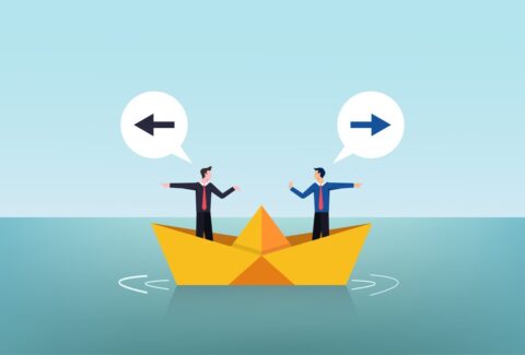 Two businessmen arguing concept on paper boat vector illustration.