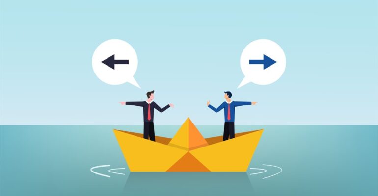 Two businessmen arguing concept on paper boat vector illustration.