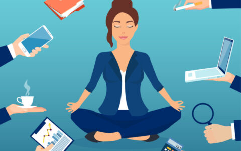 Vector of a business woman meditating to relieve stress of a busy office life