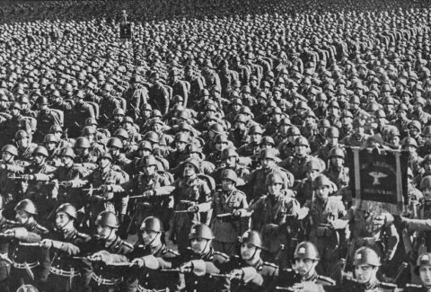 The march of fascist militia. Parade of nazis militia during thirties