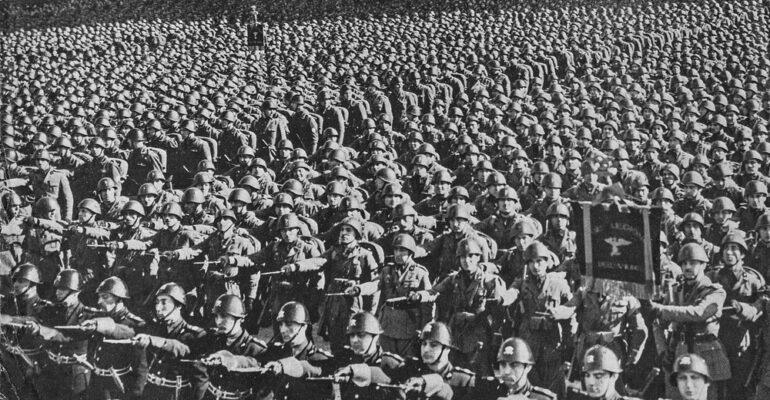 The march of fascist militia. Parade of nazis militia during thirties
