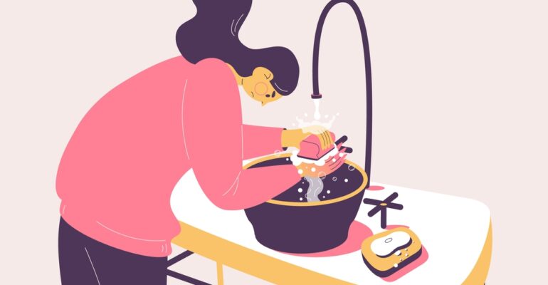 OCD woman cleaning hands. Obsessive compulsive disorder about clean and ritual to defeat panic and fear. Vector concept illustration about mental health