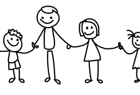 Happy family together stickfigure black handrawn illustration