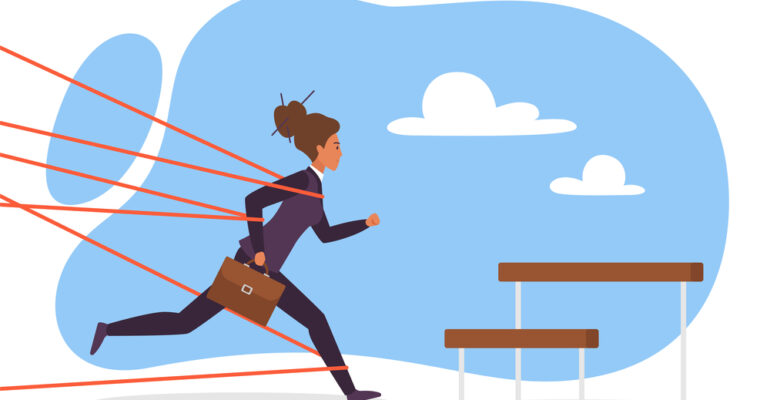 Career obstacle for businesswoman, sexism, female employee running towards barrier