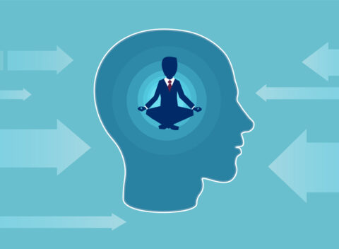 Vector of a business man inside human head doing yoga resisting outside negative influence