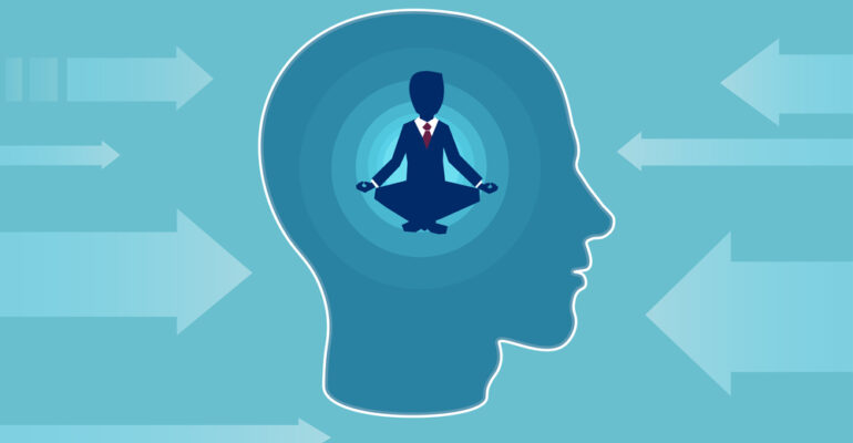 Vector of a business man inside human head doing yoga resisting outside negative influence