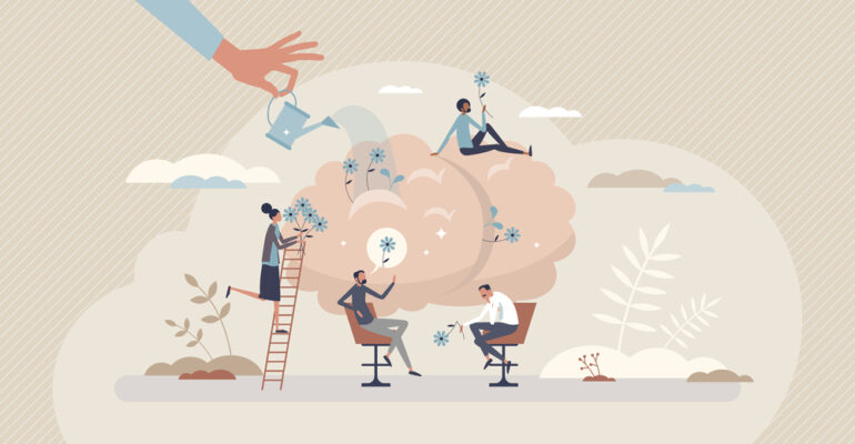 Psychotherapy and psychological support for patient care tiny person concept