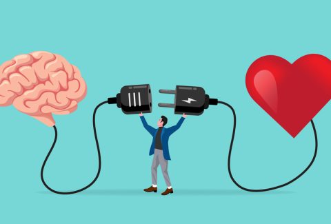 heart and brain connection, align your heart and brain, control feeling and emotion with logical thinking brain, man connect plug with heart to brain concept vector illustration with flat style design