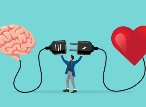 heart and brain connection, align your heart and brain, control feeling and emotion with logical thinking brain, man connect plug with heart to brain concept vector illustration with flat style design