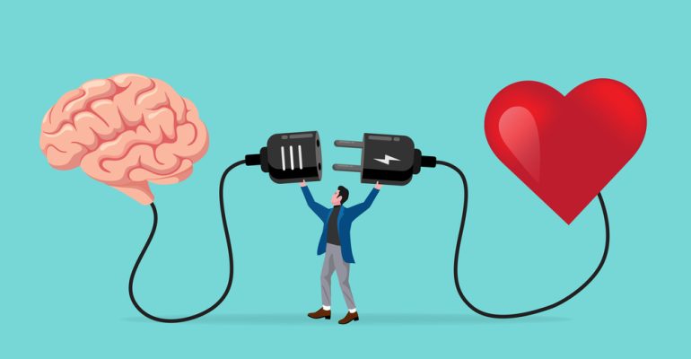 heart and brain connection, align your heart and brain, control feeling and emotion with logical thinking brain, man connect plug with heart to brain concept vector illustration with flat style design