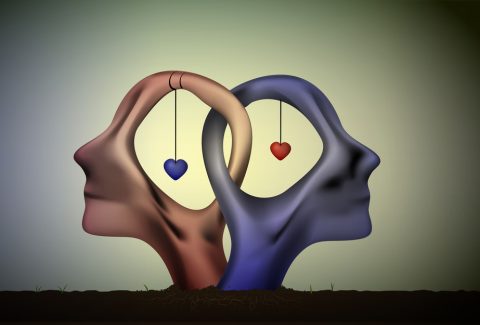 marriage icon, people head in love, blue man and red woman heads in love, surrealistic romantic dream,together forever,