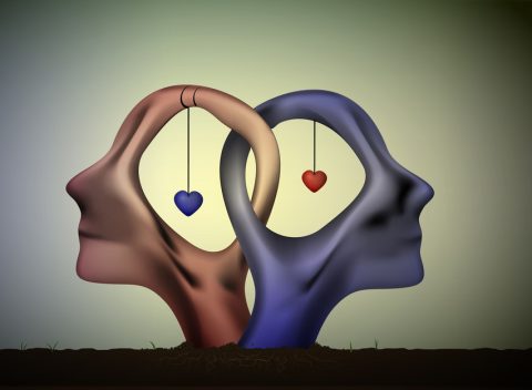 marriage icon, people head in love, blue man and red woman heads in love, surrealistic romantic dream,together forever,