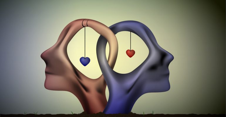 marriage icon, people head in love, blue man and red woman heads in love, surrealistic romantic dream,together forever,