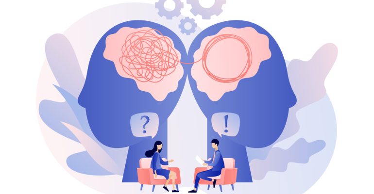 Psychologist consulting patient. Psychotherapy practice, psychological help, psychologist service, private counseling, psychology. Modern flat cartoon style. Vector illustration on white background