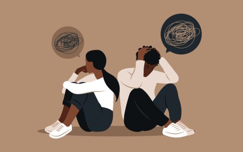 African man and a woman in a quarrel. Conflicts between husband and wife. Two characters sitting back to back, disagreement, relationship troubles. Concept of divorce, misunderstanding in family.