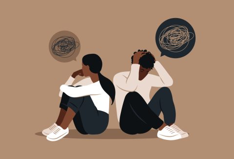 African man and a woman in a quarrel. Conflicts between husband and wife. Two characters sitting back to back, disagreement, relationship troubles. Concept of divorce, misunderstanding in family.