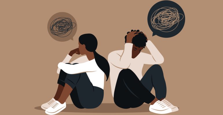 African man and a woman in a quarrel. Conflicts between husband and wife. Two characters sitting back to back, disagreement, relationship troubles. Concept of divorce, misunderstanding in family.