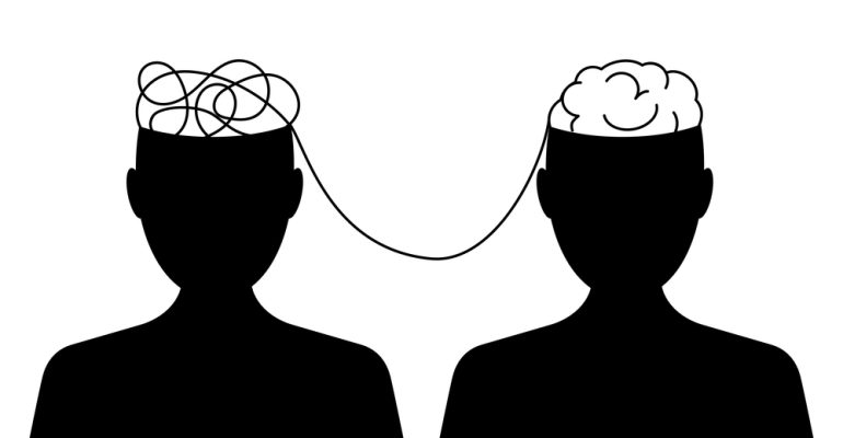 mental health concept. Siduet of a two male heads with a brain and a tangled tangle of thoughts