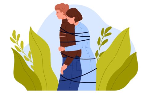 Love codependency in couple, personality separation, hug of man and woman tied with rope