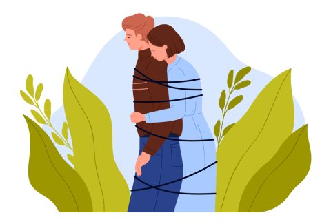 Love codependency in couple, personality separation, hug of man and woman tied with rope