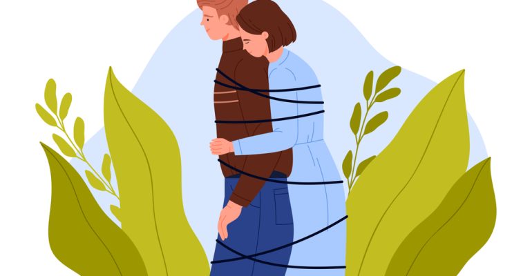Love codependency in couple, personality separation, hug of man and woman tied with rope