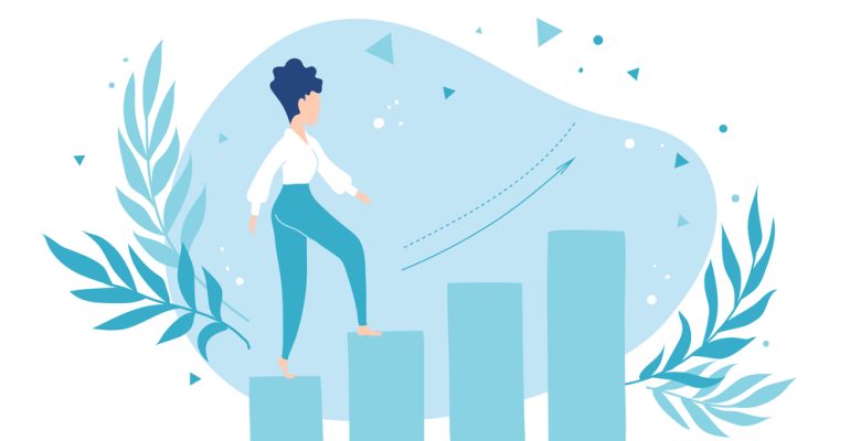 Business woman climbing the career ladder. She purposefully goes to her goal.