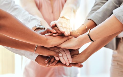 Teamwork, community and support with hands of business people together for collaboration, networking and goals. Mission, team building and motivation with employees for vision, diversity and growth